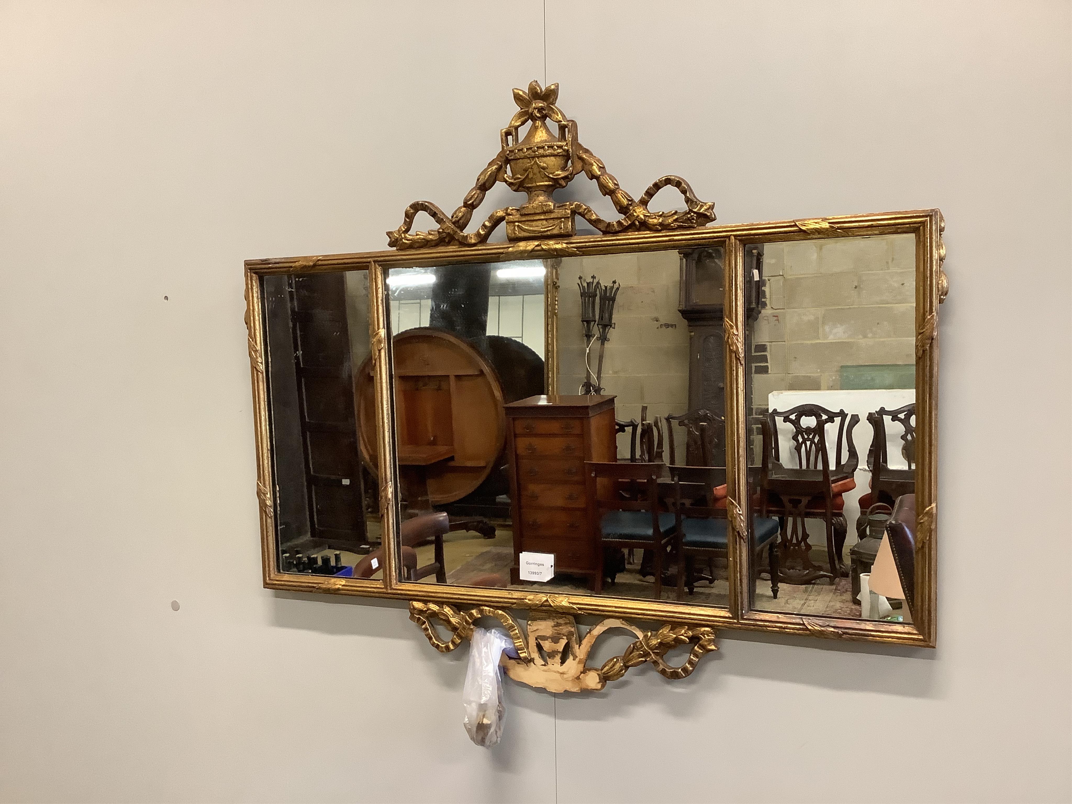 A Louis XVI style cream painted and gilt armchair and a gilt framed wall mirror, width 85cm, height 72cm. Condition - both poor